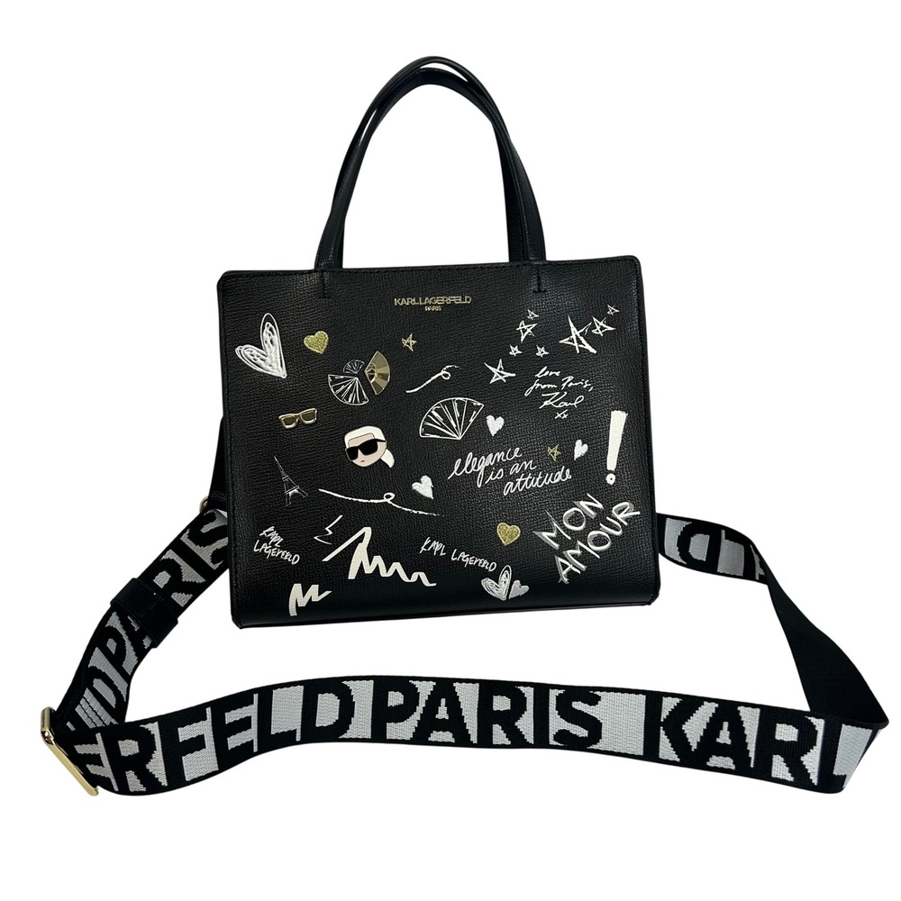 Karl Lagerfeld Paris Black Leather Graffiti Tote Bag Crossbody Strap